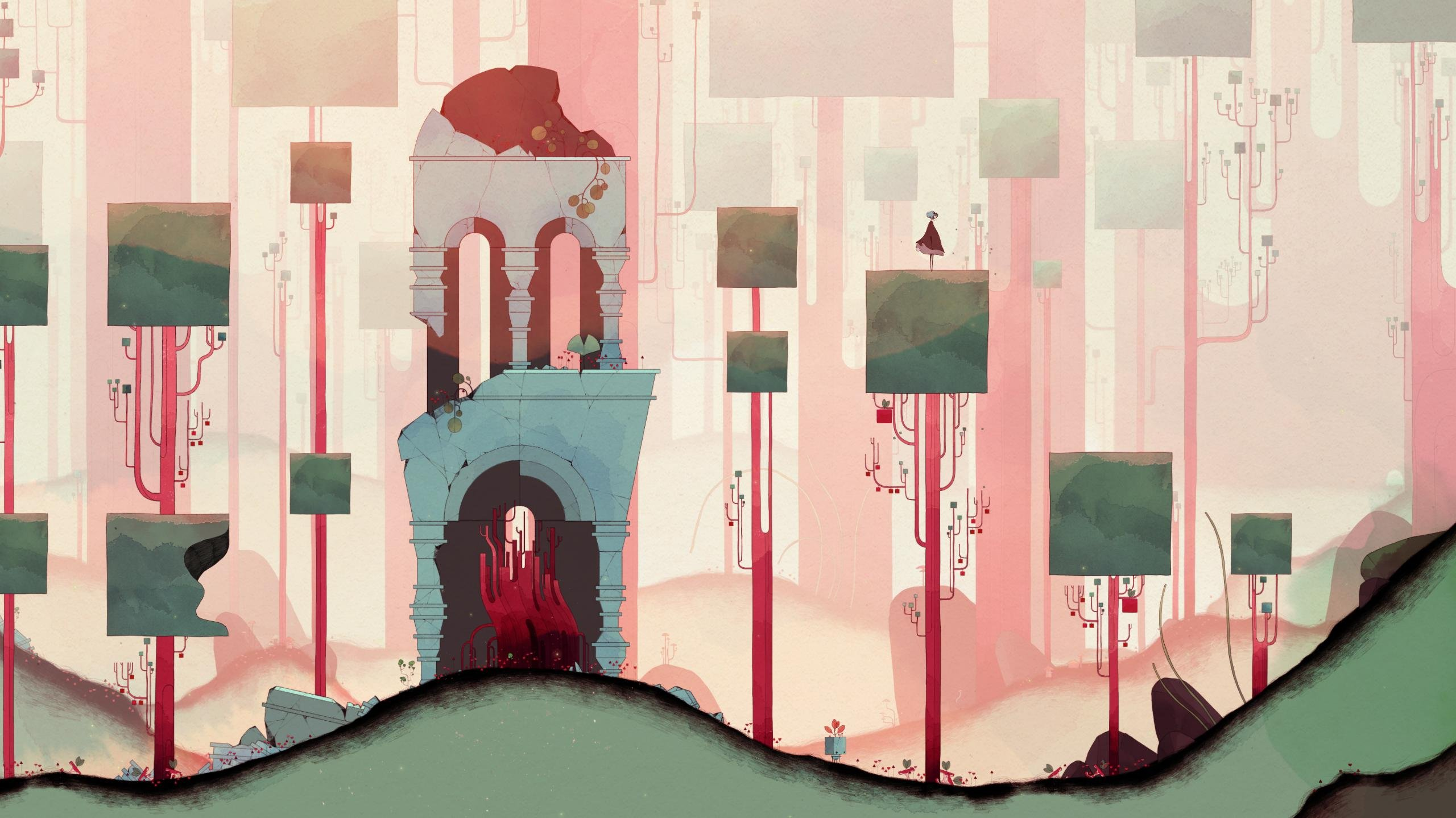 Gris: pastel pink scenery with floating platforms and a weathered tower.