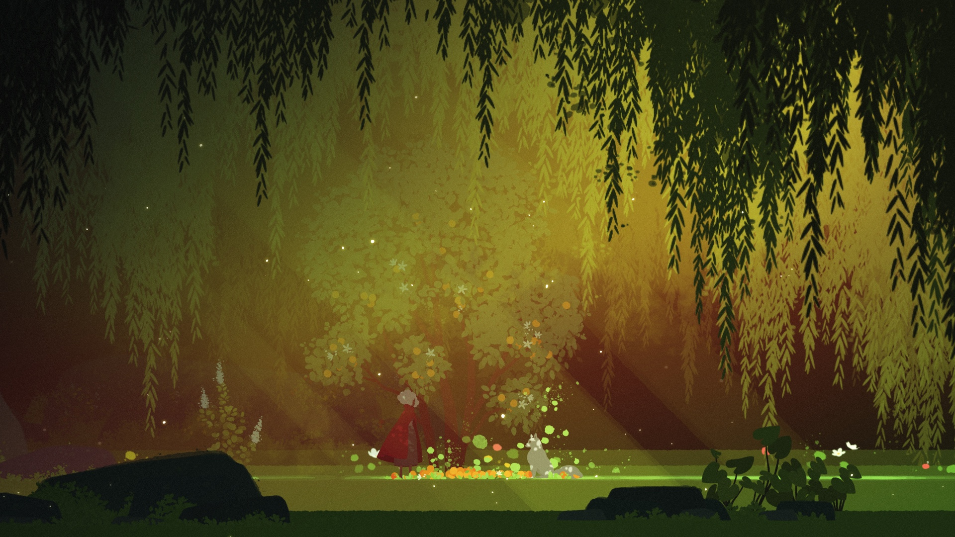 Neva: a figure and white wolf in a sunlit forest with layered hanging foliage.