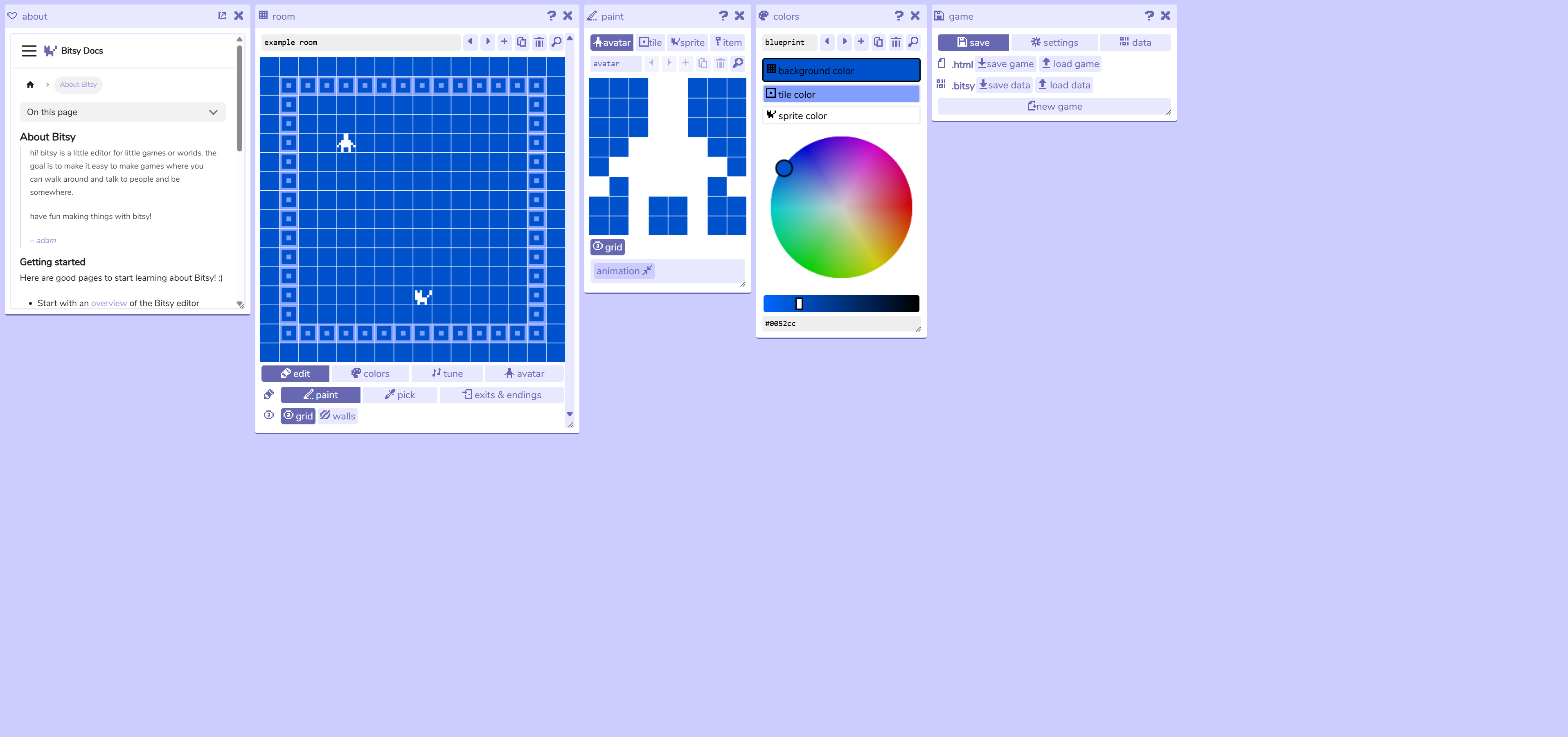 Bitsy editor showing the room grid, avatar painting tools, and color palette