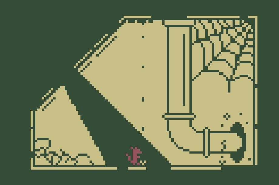 A rat exploring a green and yellow pixel-art room with pipes and a cobweb