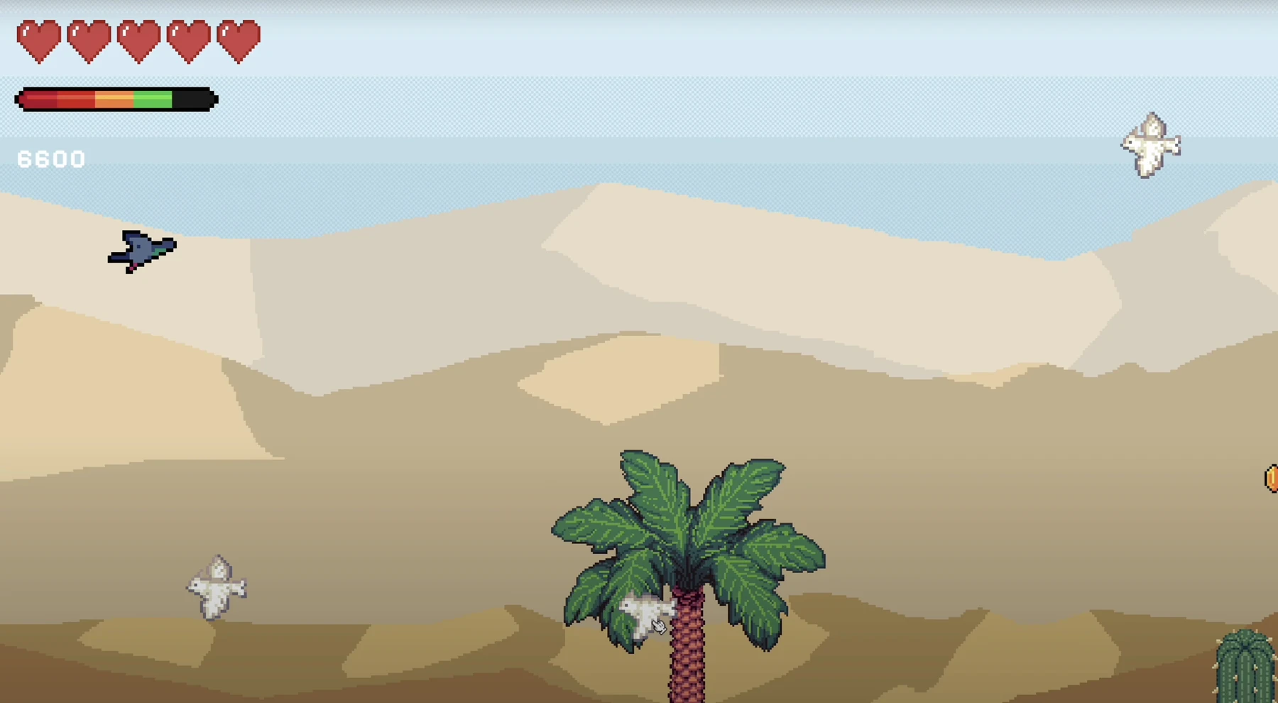 A pigeon flies among white birds over desert dunes and a palm tree