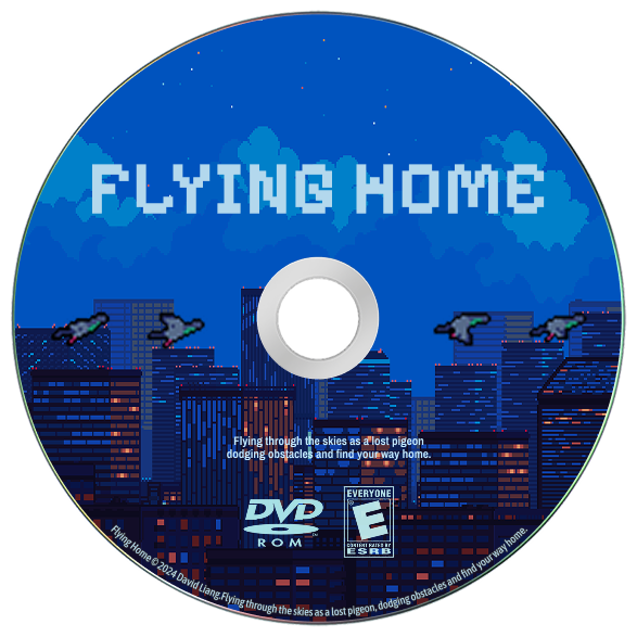 Flying Home blue CD cover with pixel-art pigeons above a city skyline