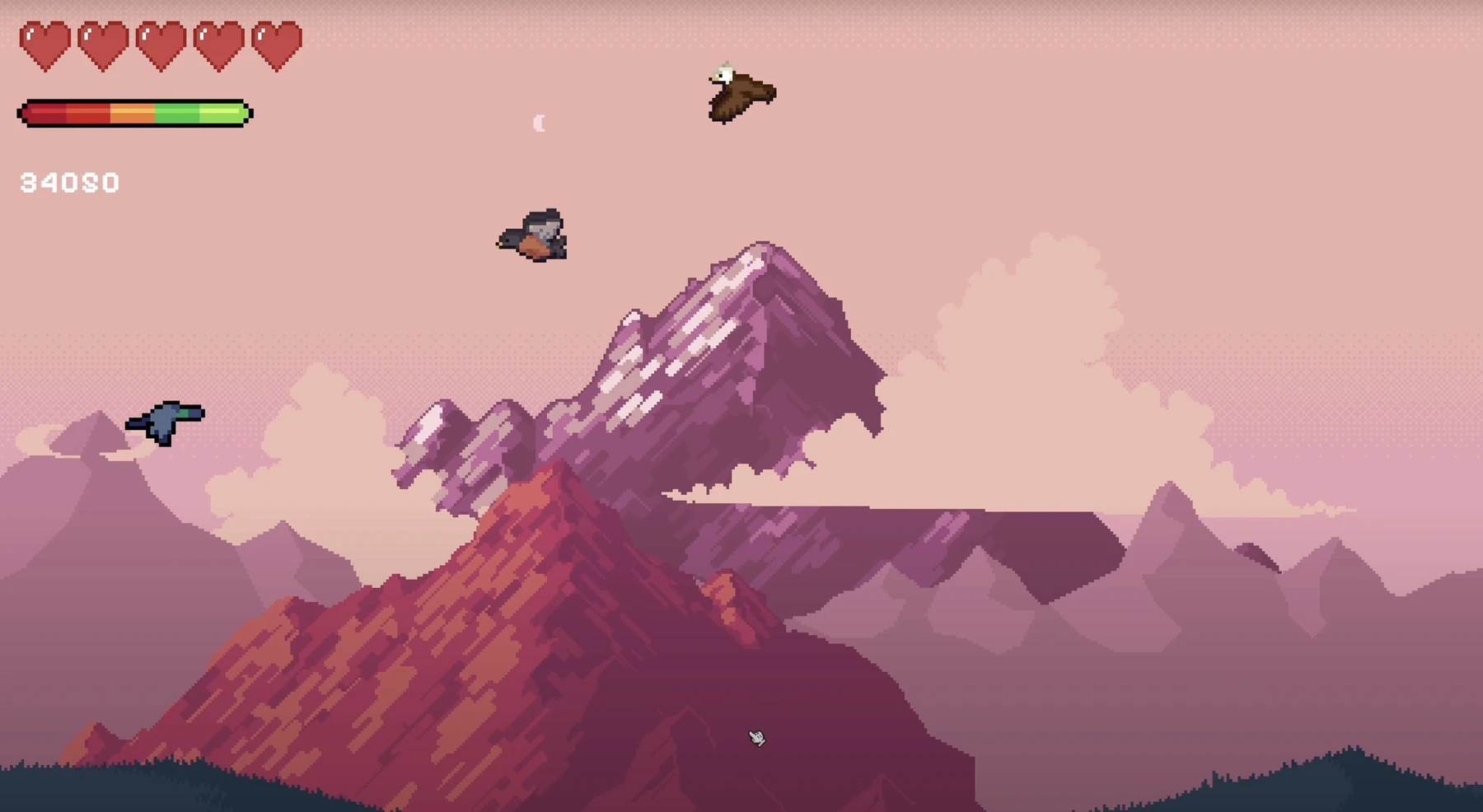 A pigeon passes birds against pink skies and layered mountain peaks