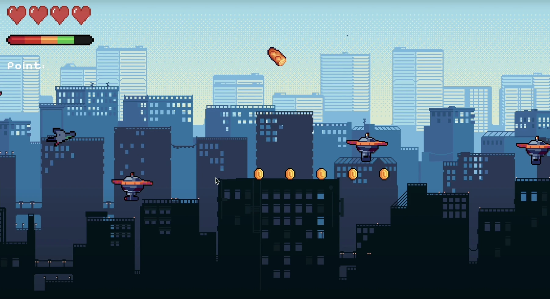 A pigeon flies past hovering obstacles and coins over a daytime city