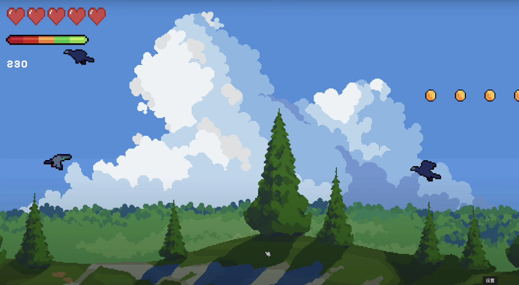A pigeon navigates past dark birds and coins above a green forest