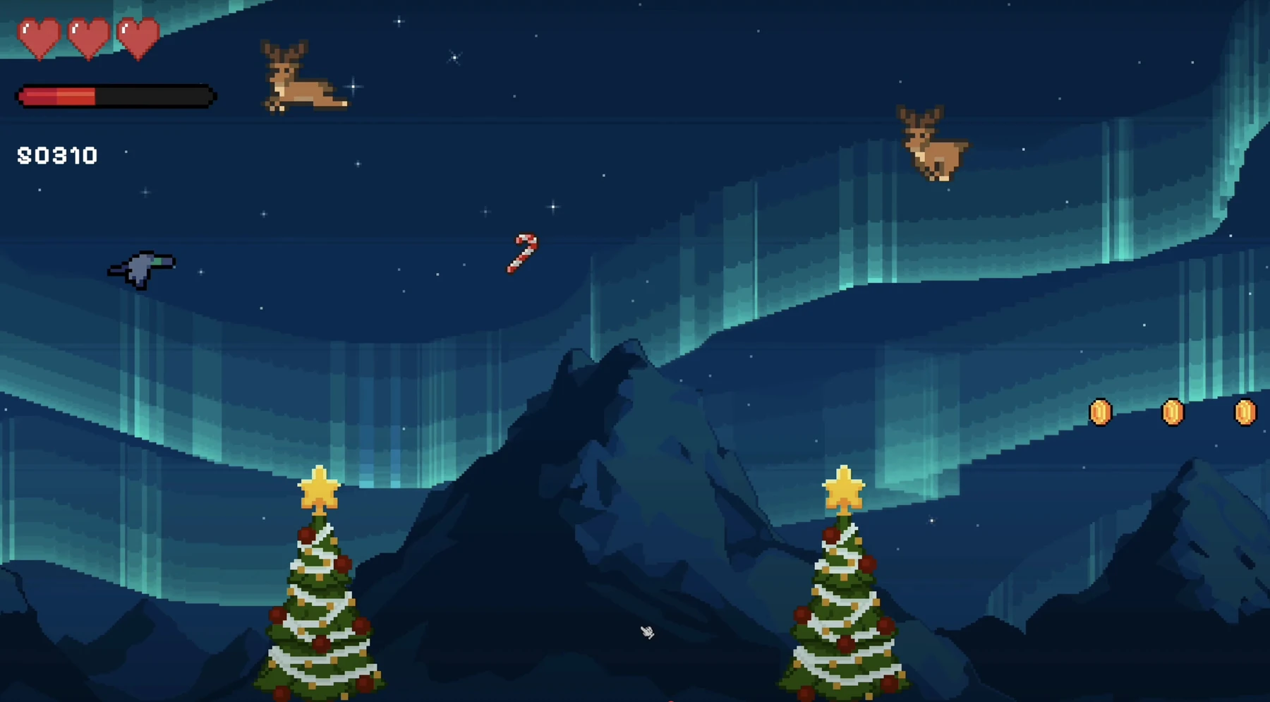 A pigeon flies past reindeer, candy canes, and Christmas trees beneath a turquoise aurora