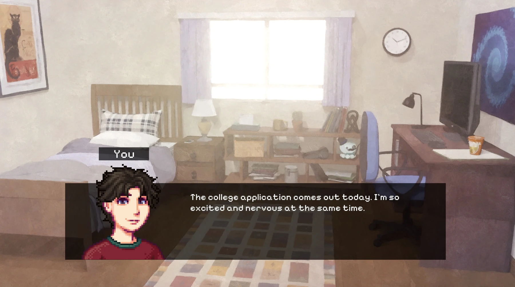 The player character waits for a college admission decision in a bedroom dialogue scene
