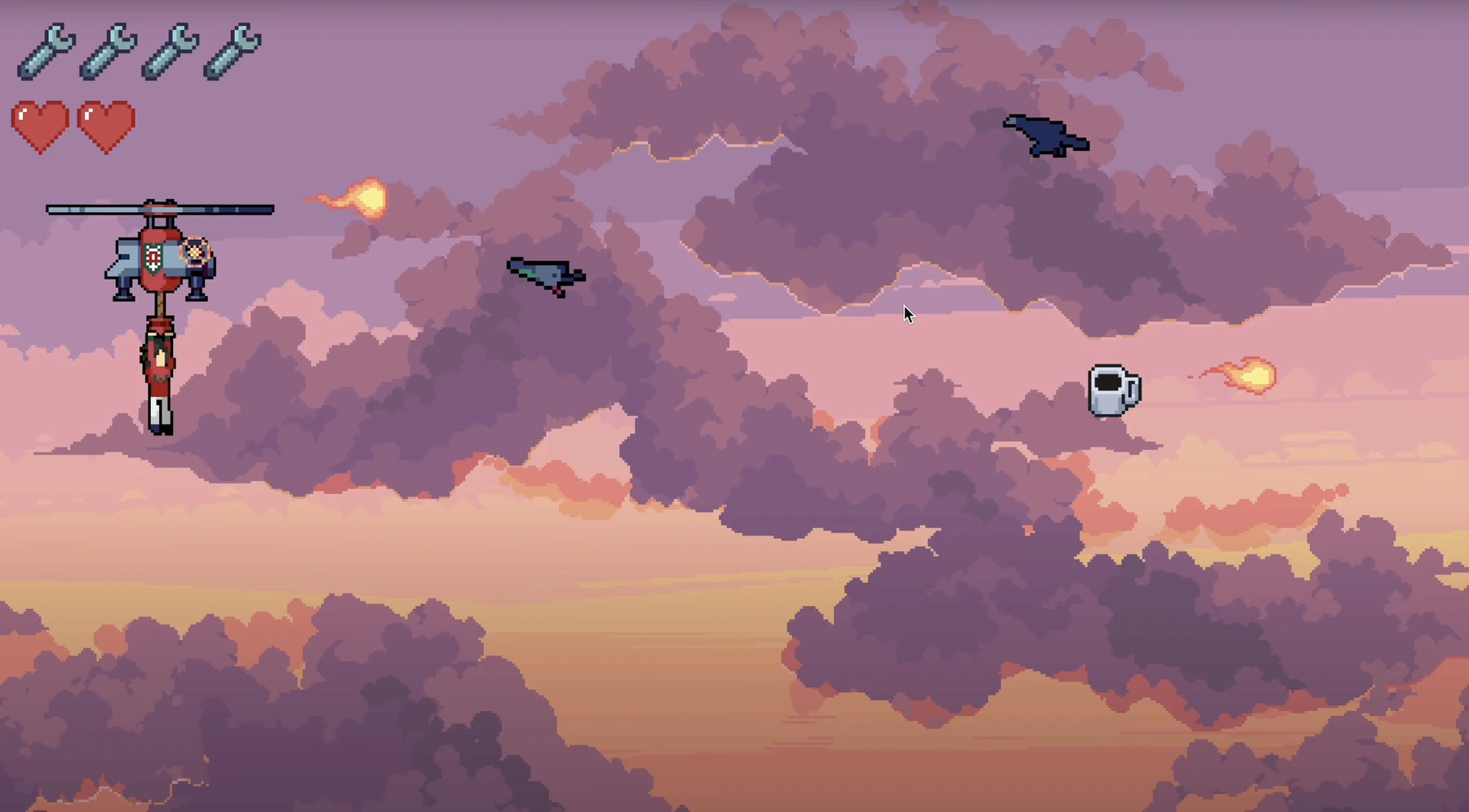 The flying machine dodges birds and fireballs near a coffee power-up among layers of pink sunset clouds