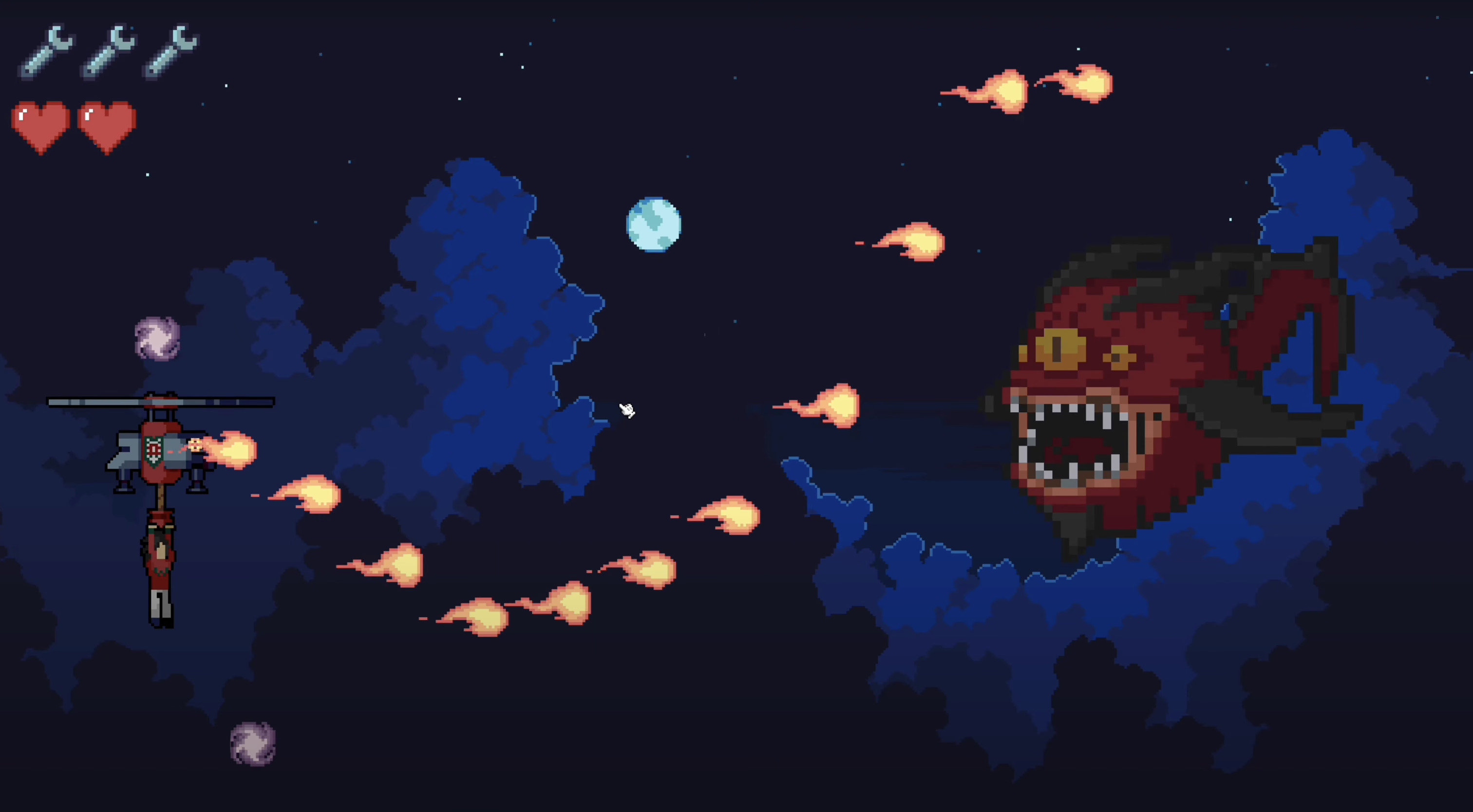 A large red flying boss sends curved streams of fireballs toward the machine in a dark blue night sky