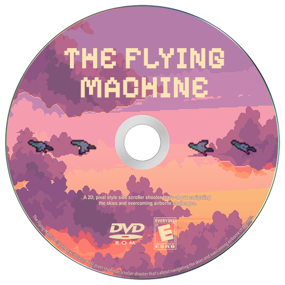 The Flying Machine CD cover with pixel lettering and birds against pink sunset clouds