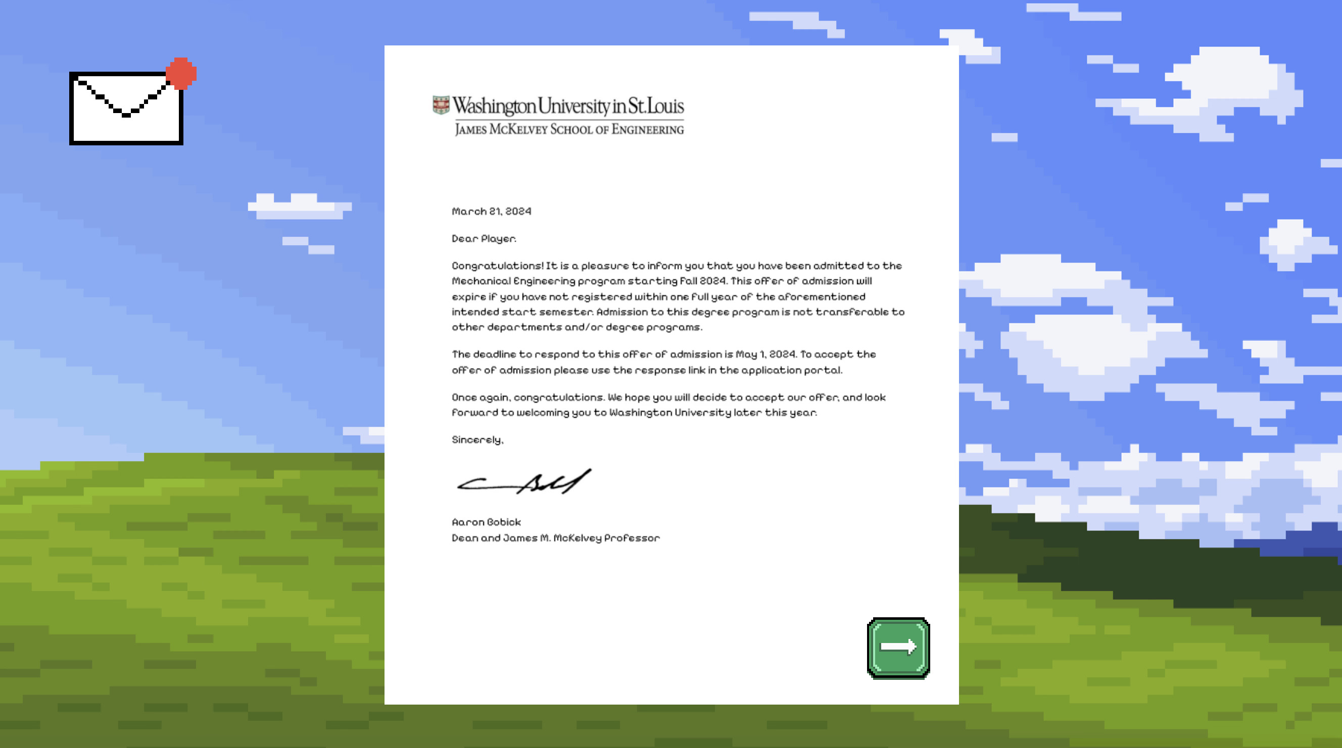 An in-game college admission letter addressed to the player on a pixel-art desktop