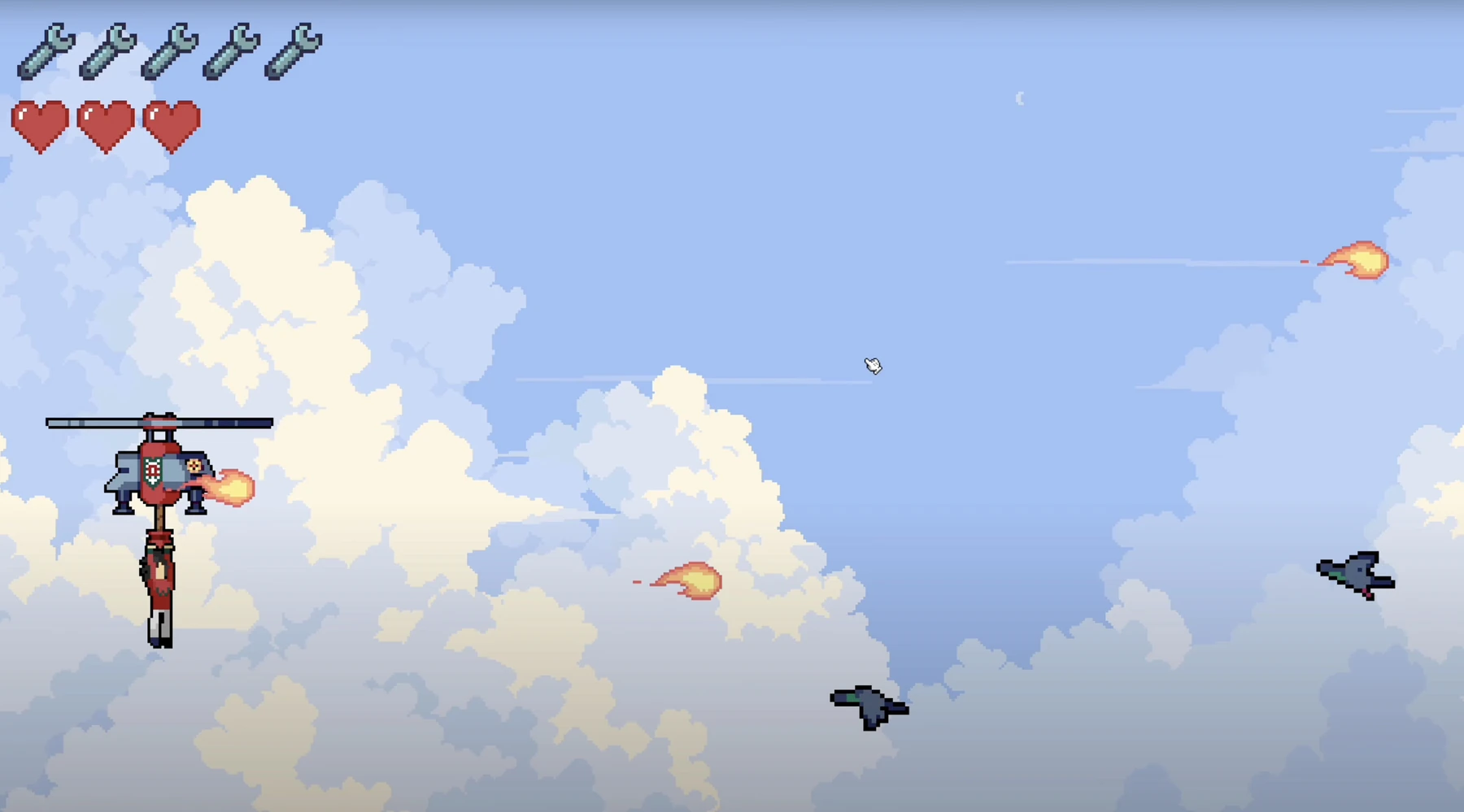 The flying machine and its dangling pilot fire at birds against a blue sky, with separate wrench and heart counters