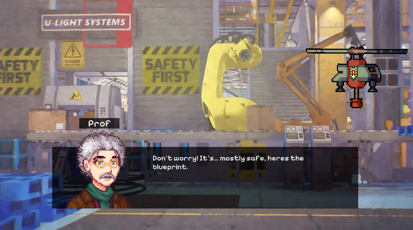 A professor introduces the flying machine and its blueprint in a workshop dialogue scene