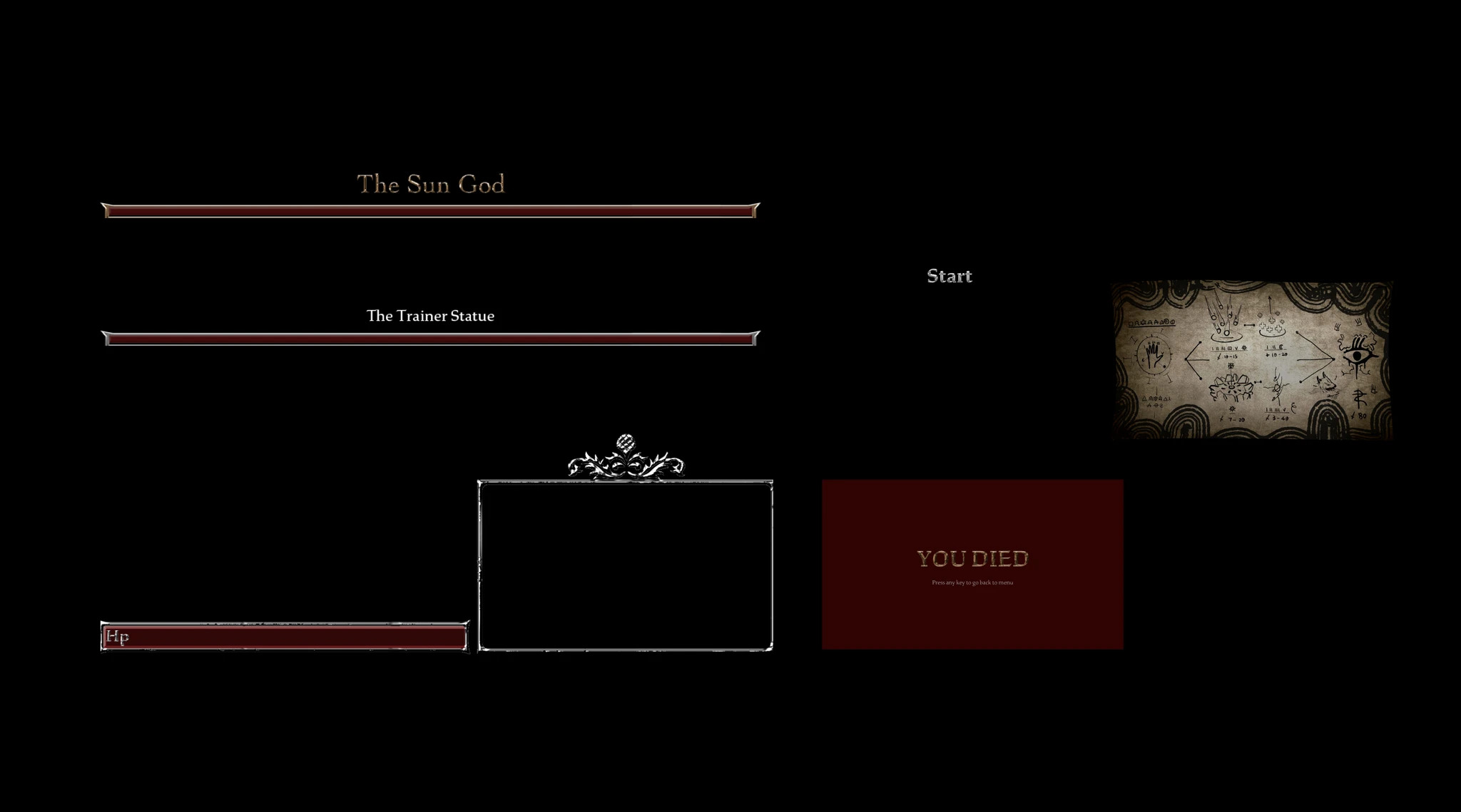 Interface designs with metallic health bars, a spell book, and a defeat screen