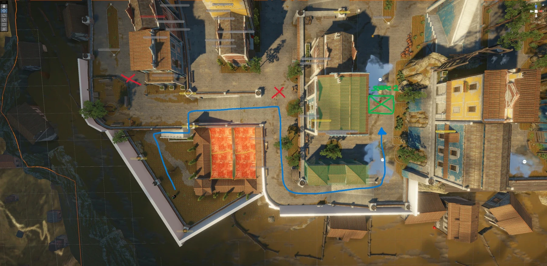 Overhead view of the town environment used for combat