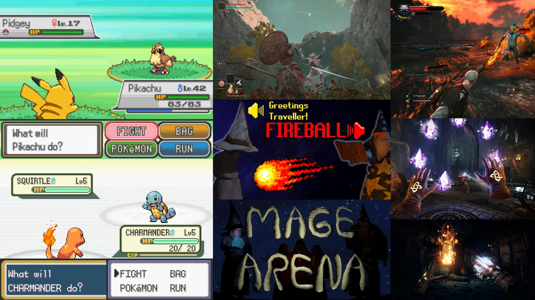 Reference board combining Pokémon battles, Mage Arena, and fantasy spell effects