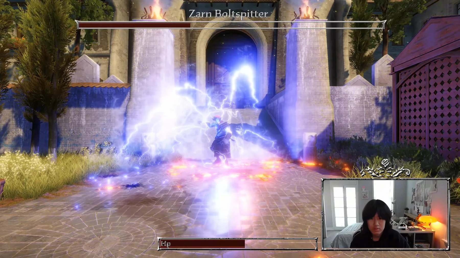 A lightning spell during combat with a webcam view of the player forming a gesture