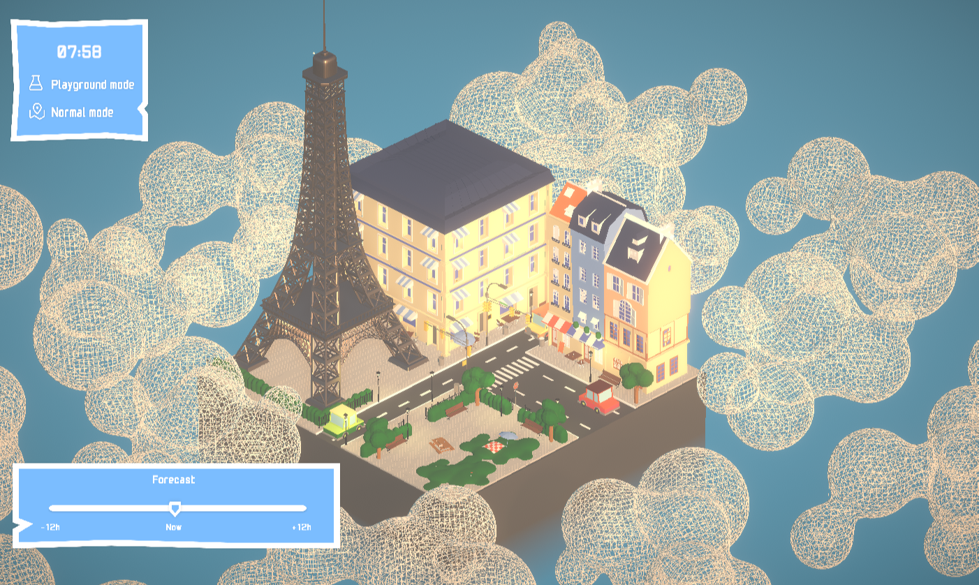 MétéoCraft daytime Paris scene with abstract clouds and the weather timeline