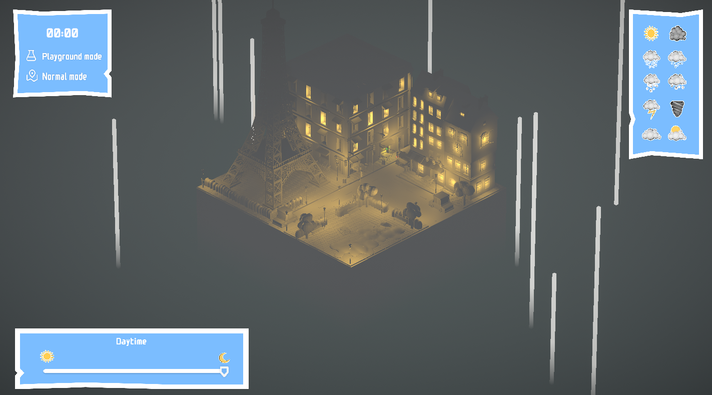 MétéoCraft at night showing rain, fog, warm building lights, and the daytime slider