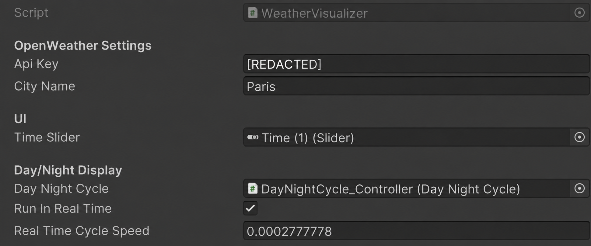 Unity weather settings connecting the OpenWeather API, Paris, the timeline, and day/night controller; API key hidden