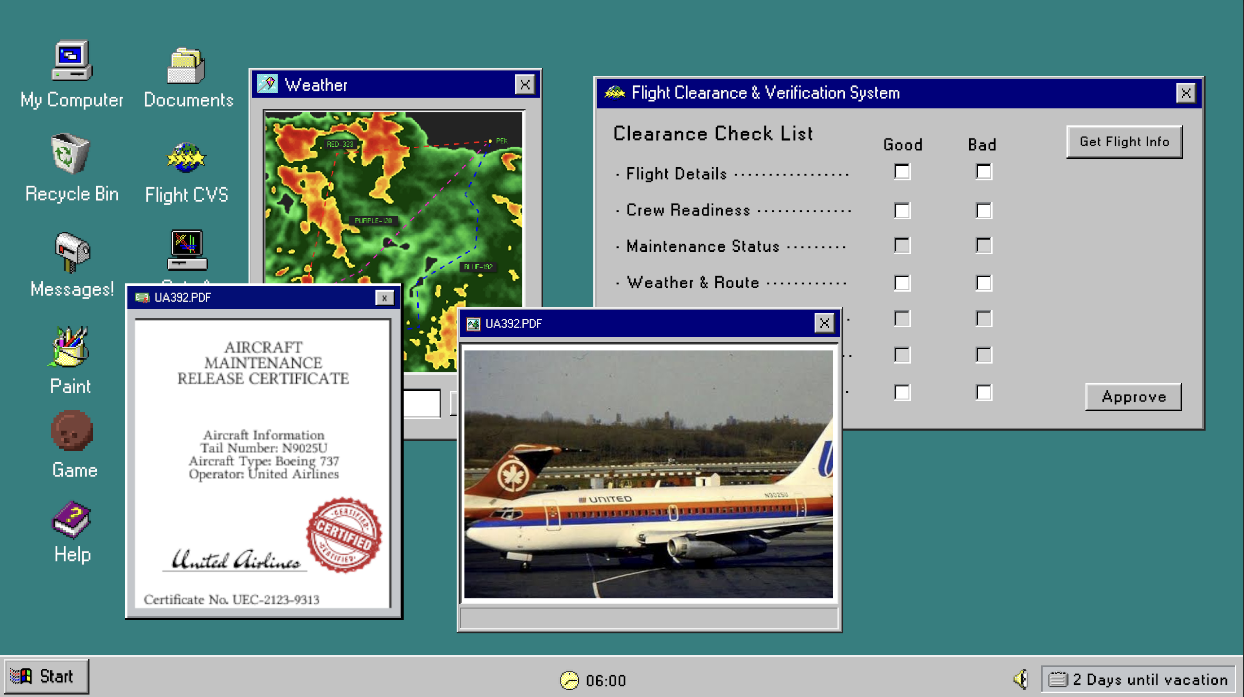 Pending Departures desktop showing the flight clearance checklist, weather radar, maintenance certificate, and an aircraft photograph.
