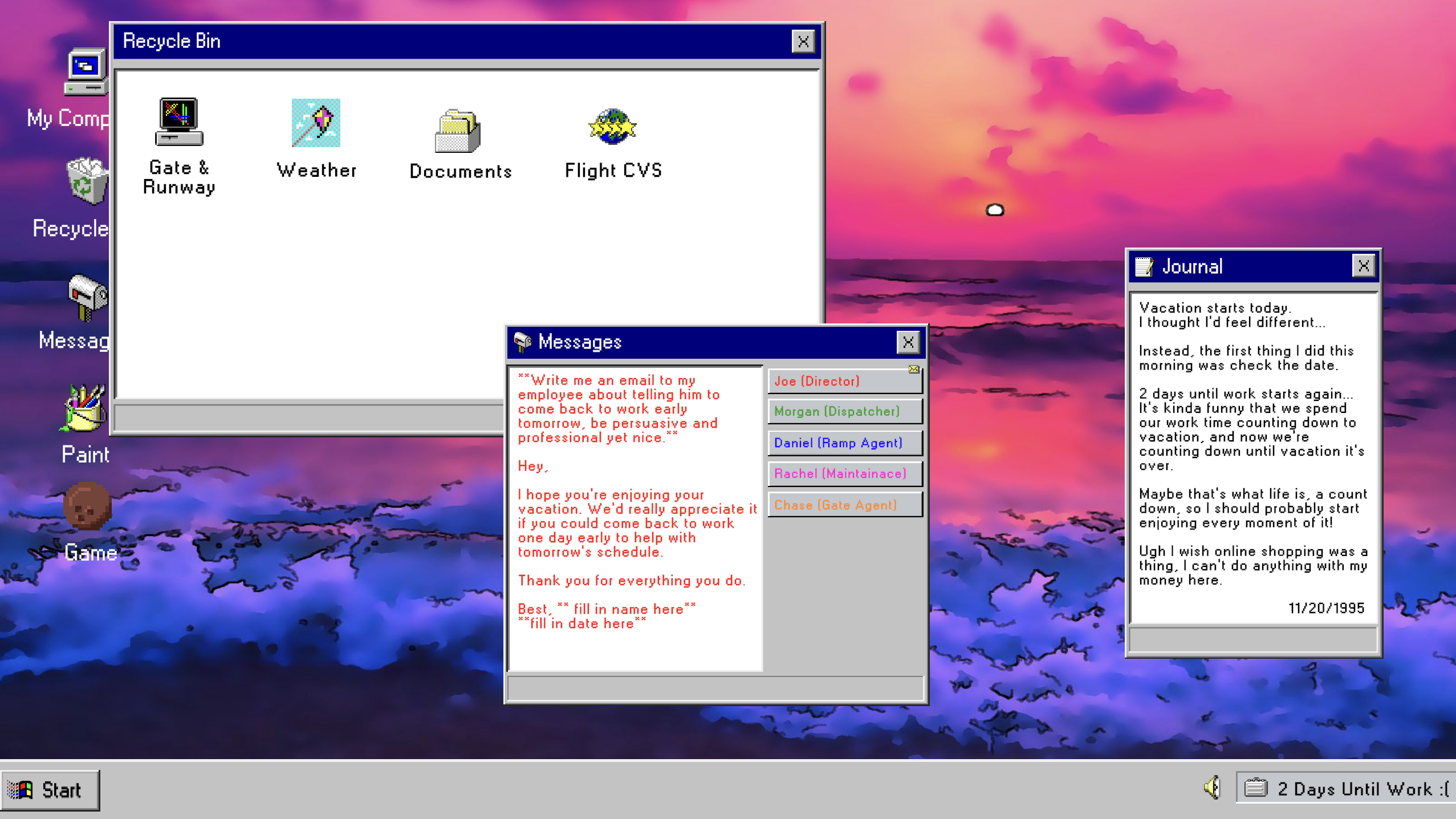 The vacation desktop: a sunset wallpaper, work applications in the recycle bin, a message asking the player to return to work early, and a journal reflecting on the countdown to work.