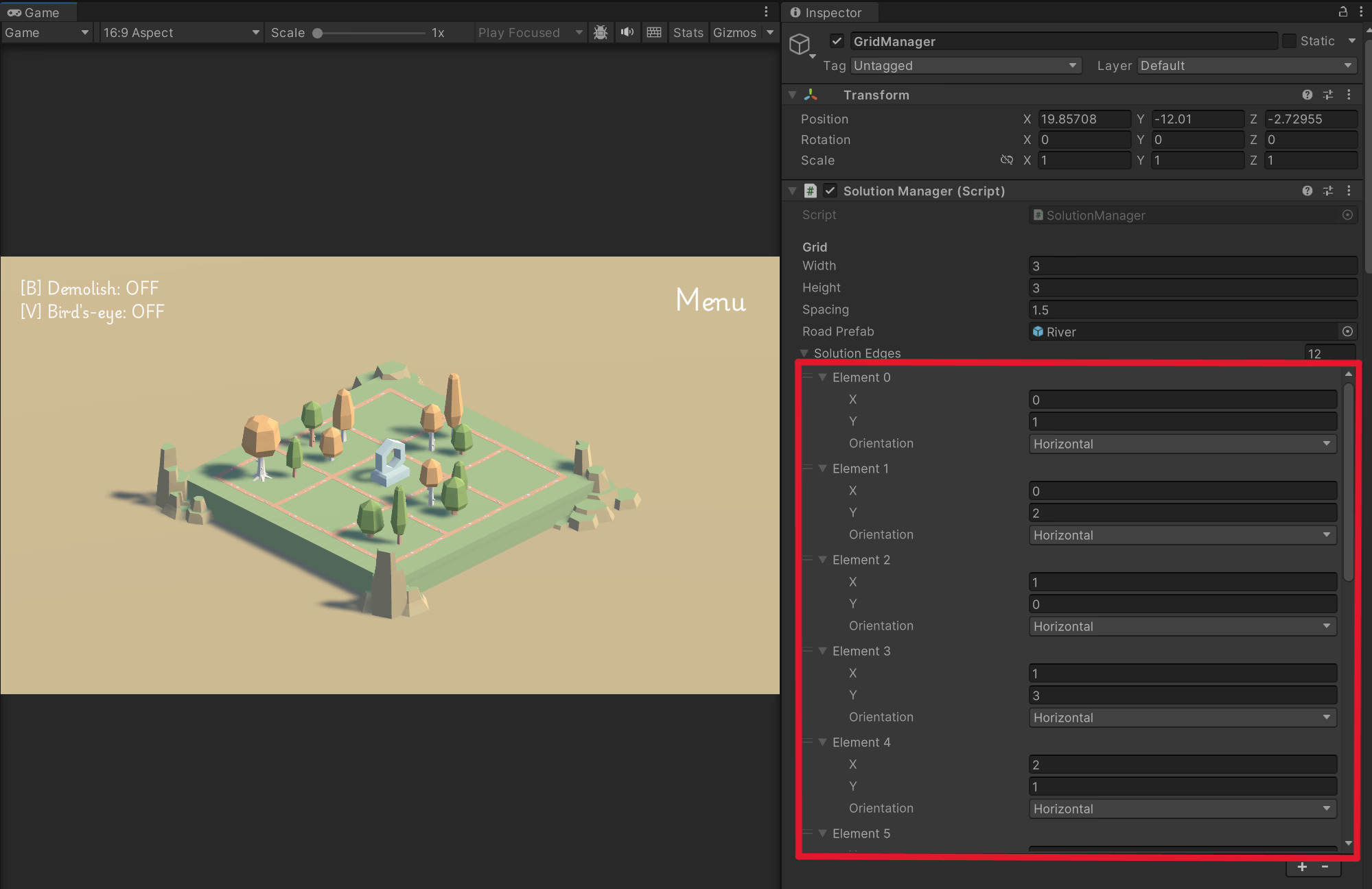 Unity Inspector showing the manually defined solution edges alongside a forest level