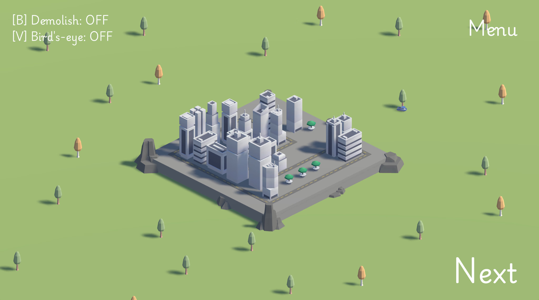 Completed road loop around a low-poly city