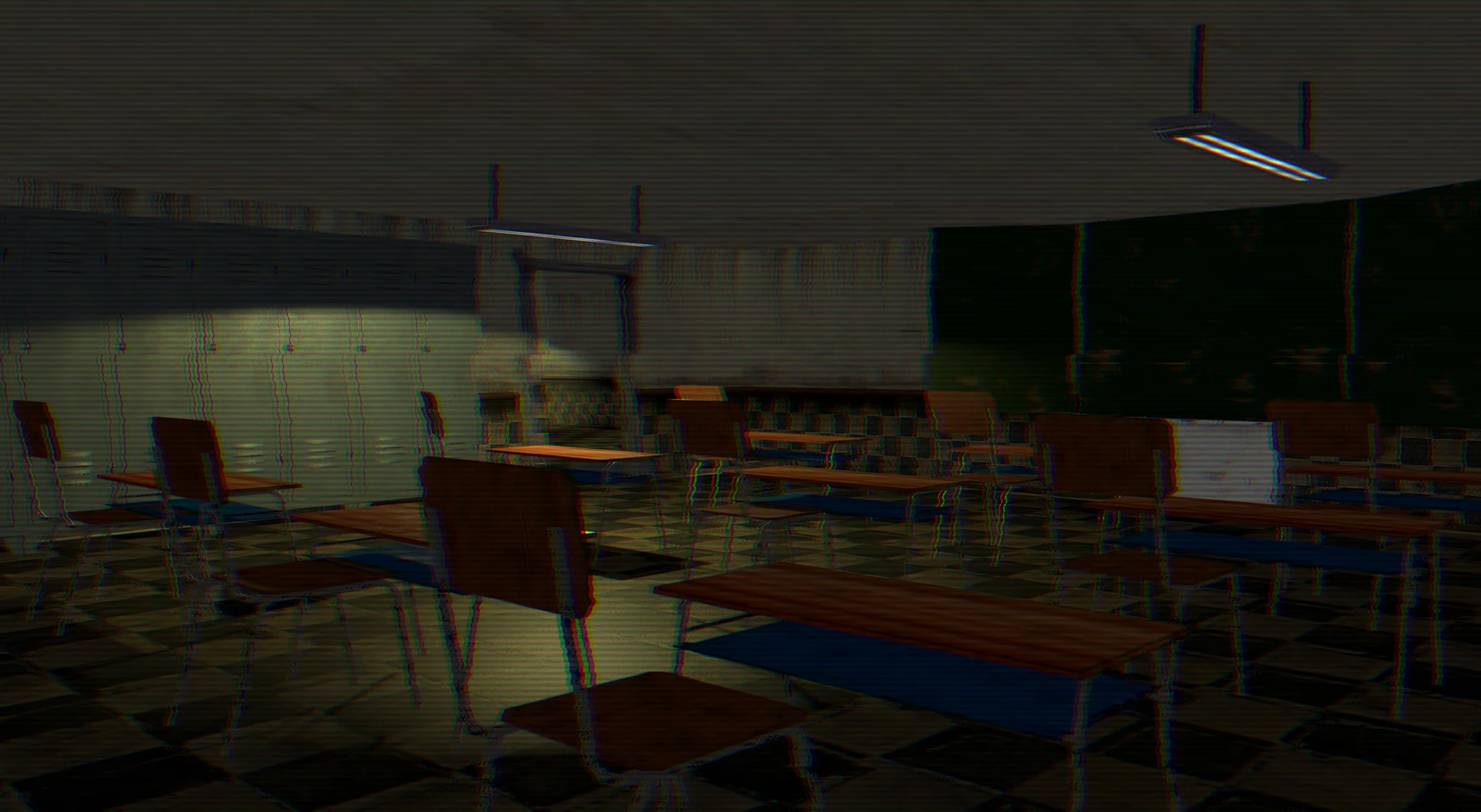 Abandoned desks and chairs in a dark classroom