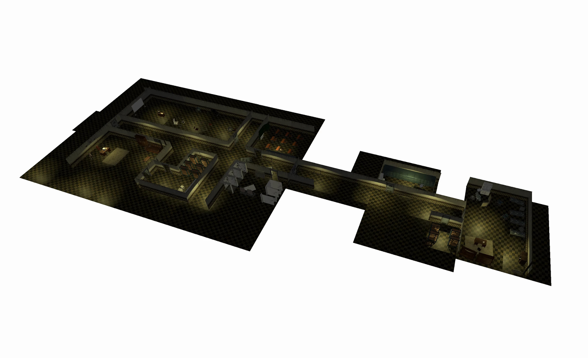 Overview of the connected laboratory rooms built in 3D