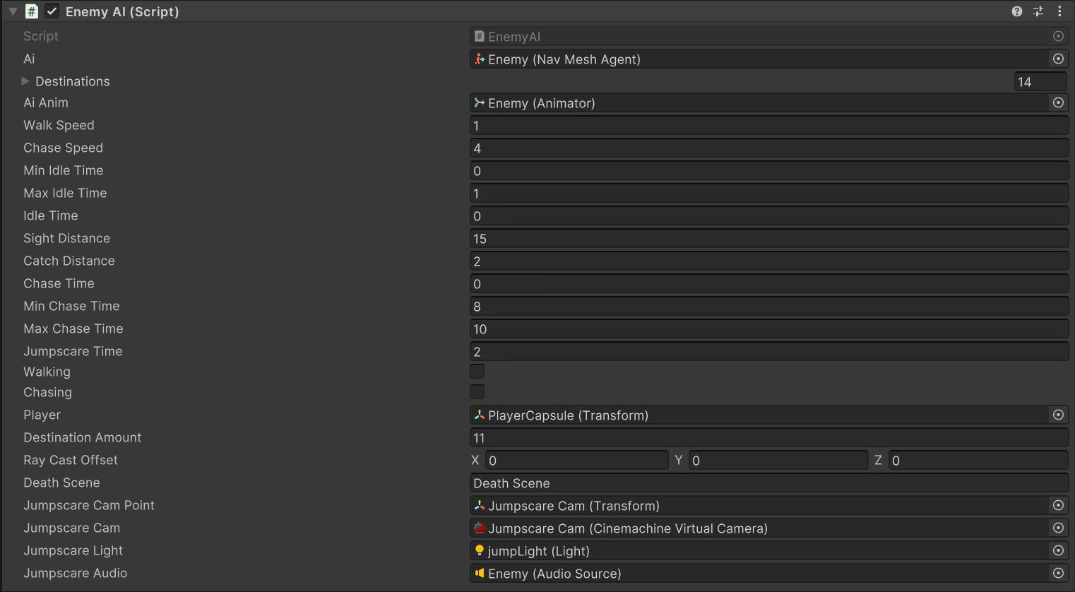 Unity Inspector showing enemy AI speeds, distances, timers, and jumpscare references
