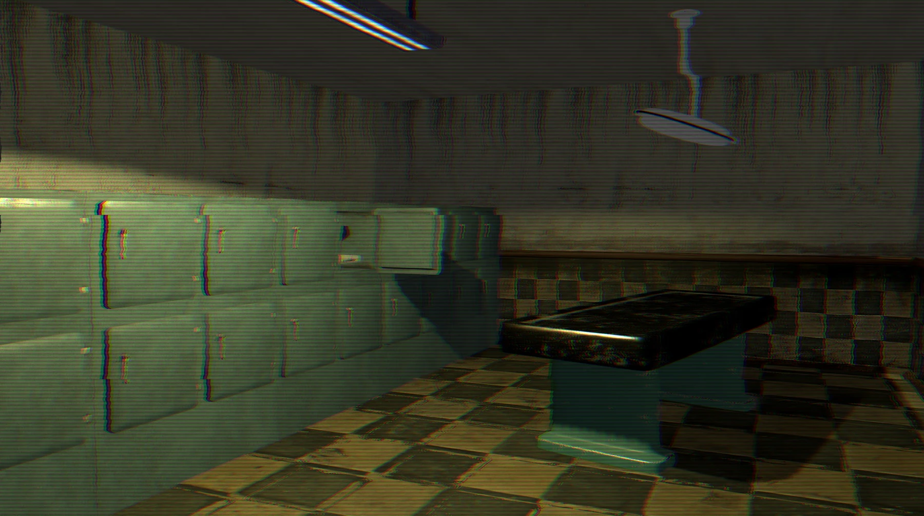 A dimly lit laboratory room with cold storage drawers and a tiled floor