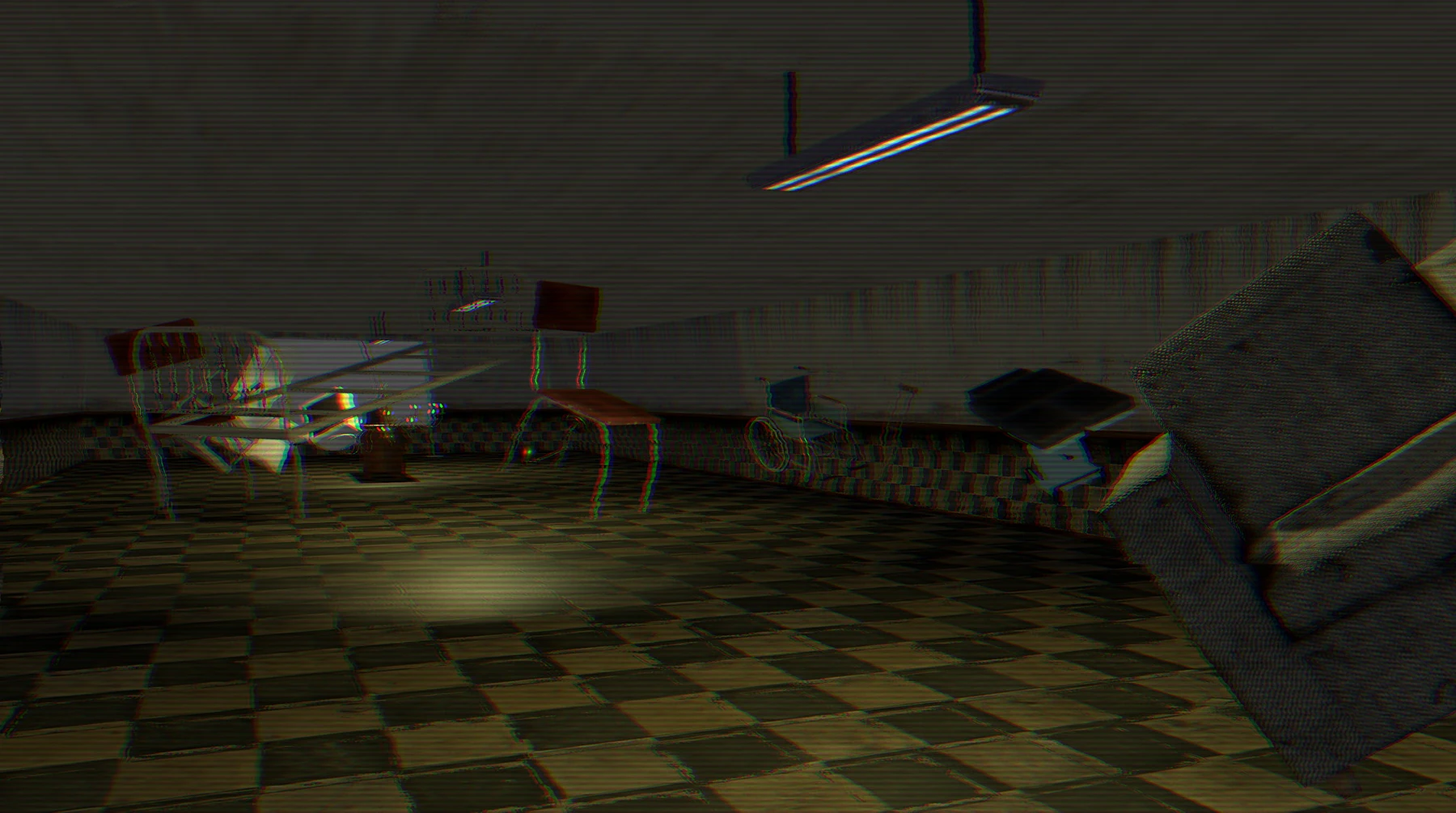 A damaged laboratory room with overturned furniture